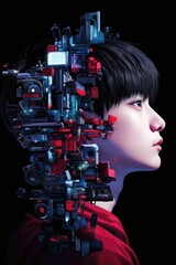 Wall Mural - futuristic portrait of a person with digital technology integrated into their head.