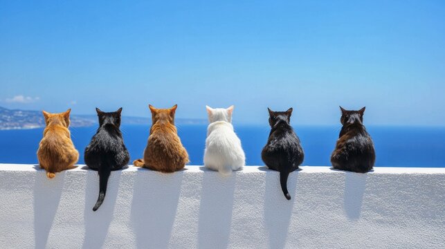 A group of cats are sitting on a wall by the ocean