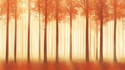 Sticker - Misty autumn forest at sunrise, sunlight filtering through orange leaves and trees.