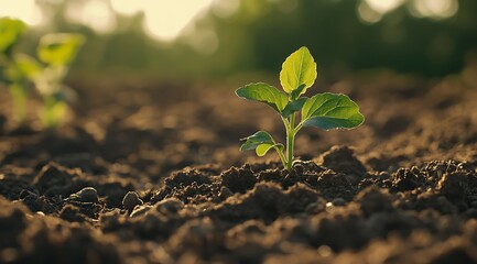 Wall Mural - A small green plant sprouting from rich soil, earth day concept