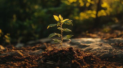 Wall Mural - A small green plant sprouting from rich soil, earth day concept