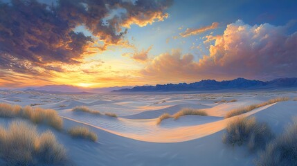 Wall Mural - Dramatic Desert Sunset Over Sand Dunes And Mountains