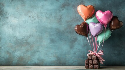 Canvas Print - Colorful Heart Balloons with Chocolate Treats on Wooden Table