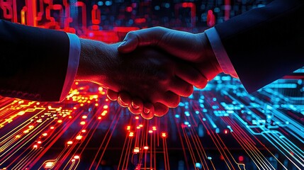 Wall Mural - Futuristic Handshake Symbolizing Digital Partnership and Collaboration