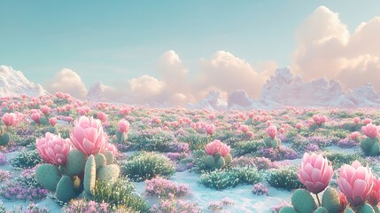 Wall Mural - Pink Cactus Blossoms Bloom in a Dreamlike Desert Landscape