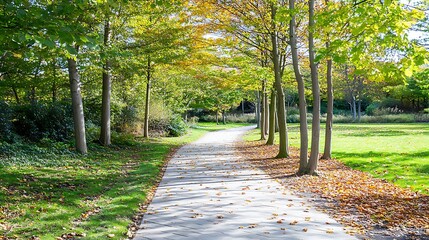 Wall Mural - Autumn Park Path  Golden Leaves  Trees  and Sunlight