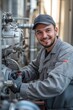 © Aleksander - A smiling technician service engineer in a gray uniform and cap, working on machinery in an industrial setting. The background features pipes and equipment.