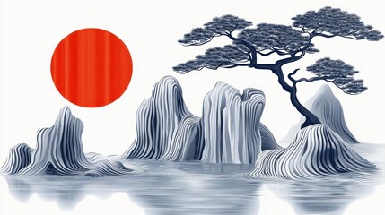 Sticker - Stylized landscape with blue mountains, pine tree, and red sun.