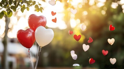 Canvas Print - Heart-Shaped Balloons with Floating Hearts in Soft Outdoor Light