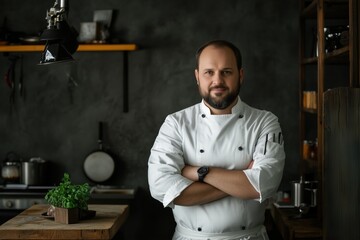 A confident chef stands with arms crossed in a modern kitchen. He wears a white chef's coat and has a well-groomed beard. The kitchen features wooden shelves, cooking utensils, and a rustic ambiance.