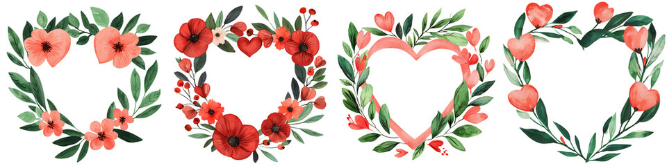 Wall Mural - Mother day element, Heart shaped wreaths with flowers and leaves create lovely decor, isolated on transparent background.