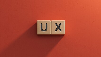 Businesswoman made word ux with wood building blocks.close up of wooden elements,Business Concept.3D rendering on red background.