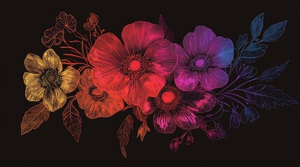 Canvas Print - Vibrant rainbow floral bouquet illustration on black background.