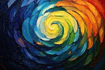 Wall Mural - Painting of a spiral with a blue and yellow center and a green