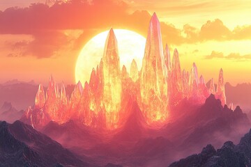 Wall Mural - Mountain range with a large, glowing sun in the background