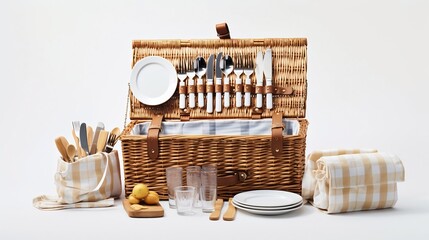 Perfectly organized picnic basket filled with utensils napkins and other essentials for an outdoor meal or gathering on a clean white background  Concept of summer relaxation and togetherness