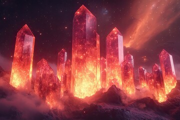 Wall Mural - Group of red crystals are lit up in the night sky