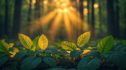 Wall Mural - Sunbeams illuminate vibrant green forest floor leaves.