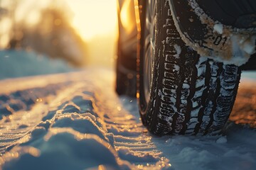 Wall Mural - Car tires in the snow on a sunny winter day. Selective focus.