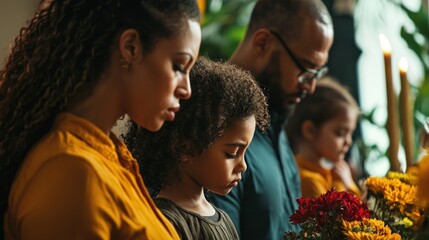 Wall Mural - A family attending a memorial service, bowing their heads in silence as they pay respect.