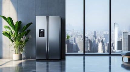 Sticker - Modern Kitchen Interior with Refrigerator and City View Background