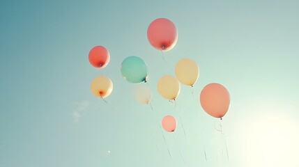 a joyful release of colorful balloons rising into the air against a clear blue sky