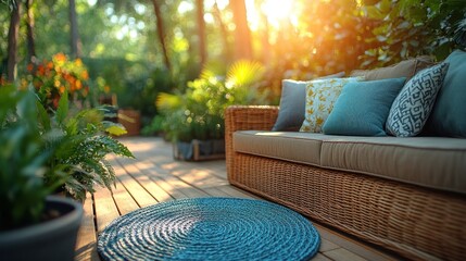 Wall Mural - Serene patio with wicker sofa, cushions, plants, and rug at sunset.