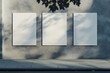 © POV Studio - Three blank vertical posters mounted on a gray concrete wall outdoors, with tree shade.