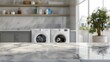 © MahmudulHassan - White marble countertop with washing machine background, product display montage