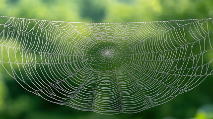 Delicate spider web glistening with dew against blurred green background