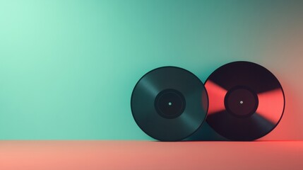 Aufkleber - Vintage vinyl records resting on a minimalist surface with soft colored lighting and ample copy space for text creation. Generative AI