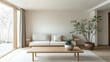 © AdibaZR - Minimalist living room with light wood furniture, off-white sofa, and potted plants.