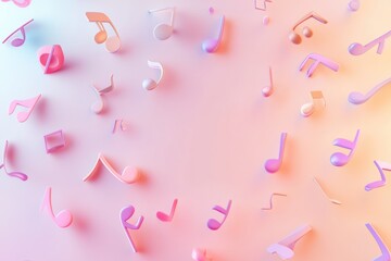 Fototapete - Colorful 3D music notes scattered on a soft gradient background create a lively atmosphere for creativity. Generative AI