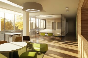 Wall Mural - Modern office interior with glass partitions, sunlight streaming through large windows, and contemporary furniture.