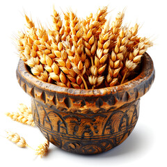 Ears of wheat in a wooden bowl on a white background.