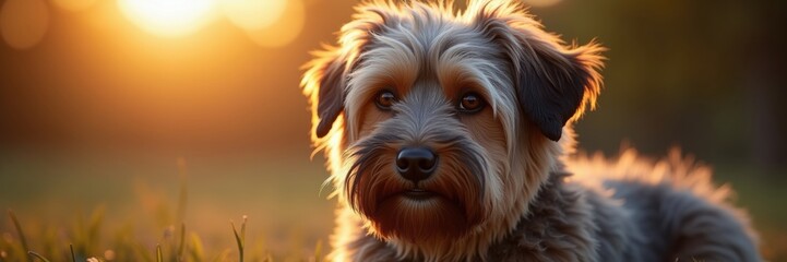 Wall Mural - Tibetan Terrier bathed in golden hour light a gentle soul with endearing eyes gazes into the lens soft fur illuminated by the setting sun reflecting an innocent serenity