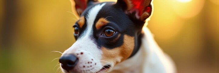 Wall Mural - Golden hour portrait of an adorable Toy Fox Terrier showcasing its soulful eyes and tri-color markings in soft natural light