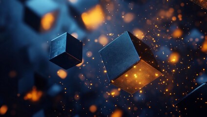 Fototapete - Glowing cubes float in dark space, sparks surround.