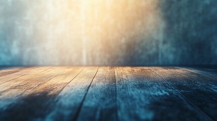 Wooden floor with a blue background. The floor is empty and has a lot of wood grain