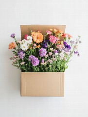 Poster - Fresh vibrant flowers overflowing from a cardboard delivery box against a light background. Generative AI
