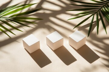 Wall Mural - Three white cubes on beige background with palm leaves and shadows.