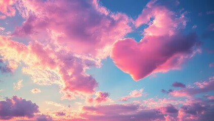 Wall Mural - pink heart-shaped cloud in a vibrant sunset sky.