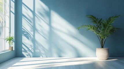 Large white vase with a green plant in it sits in a room with a blue wall. The room is empty and has a lot of natural light coming in through the window. The vase and plant add a touch of life