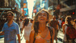 © Santy Hong - happy moments, walking through a busy city street with happy faces, vibrant and dynamic, natural lighting, joyful mood,