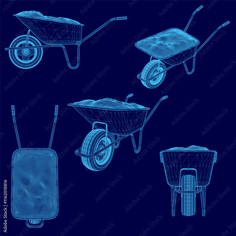 Blue image of a wheelbarrow with a blue background. The wheelbarrow is shown in different positions, with the handlebars and wheels visible. Concept of motion and movement