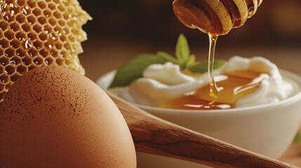 Wall Mural - of a farm-fresh egg, its smooth brown shell contrasting against a background of a delicate honeycomb and a wooden spoon drizzling honey over a bowl of yogurt. The scene exudes a cozy, natural 