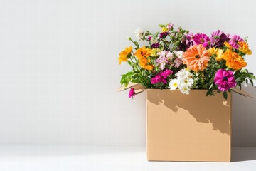Leinwandbilder - Delivery box filled with vibrant fresh flowers on a clean background for creative mock up. Generative AI