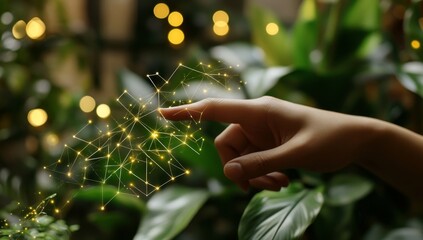Poster - Hand interacting with glowing network over plants.