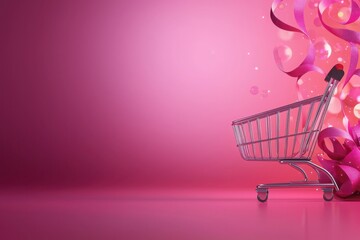 Glossy shopping cart on pink gradient background modern retail concept digital art vibrant environment eye-catching viewpoint