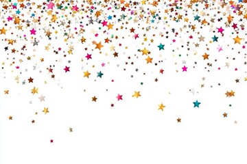 Poster - Colorful star confetti falling on white background.